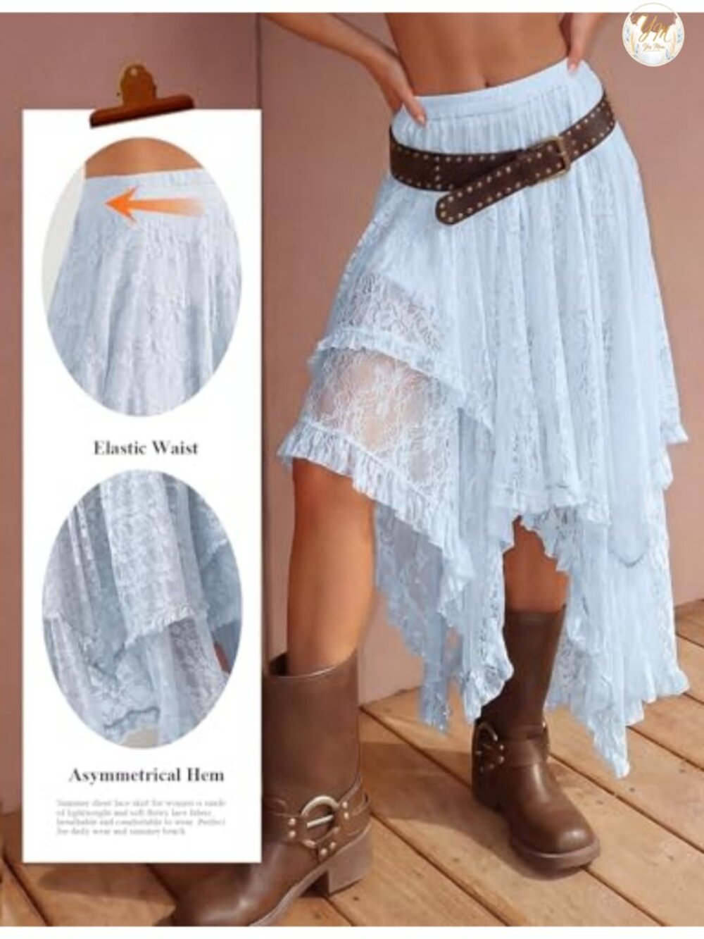 Flowy Boho Maxi Skirt with Floral Lace, Elastic Waist, Ruffle Hem, Sheer - Picture 4 of 6